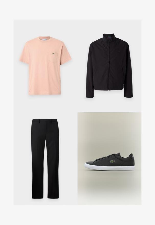 Casaco leve preto, com fecho elétrico, gola alta, bolsos laterais, tecido liso, design minimalista com logótipo em destaque no peito.; T-shirt de algodão rosa claro com decote redondo, mangas curtas e um bolso no lado esquerdo do peito com um logótipo verde da Lacoste.; Calças pretas sob medida com um design de perna reta, feitas de um tecido suave. Inclui uma frente lisa e uma cintura de altura média.; Tênis de couro preto com sola de borracha branca, apresentando um logotipo de crocodilo verde e cadarços redondos, design elegante com textura suave.