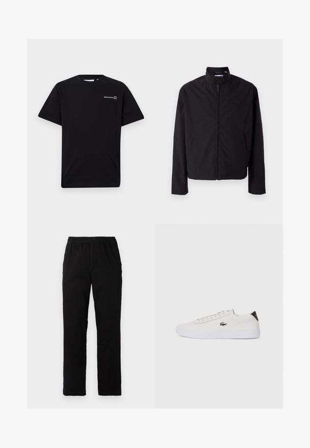 Crna lagana jakna, zatvaranje na zip, stojeći ovratnik, bočni džepovi, glatka tkanina, minimalistički dizajn s logotipom na prsima.; Crna pamučna majica s kratkim rukavima i okruglim izrezom, s bijelim tekstom koji glasi "PARIS FRENCH SPORTSWEAR" na prsima.; Crne hlače od pamuka s dodatkom, ravnog kroja, s elastičnim pojasom i dugmetom, bez vidljivih uzoraka ili ukrasa.; Bijele kožne tenisice s okruglim vrhom, vezanjem sprijeda i crnim detaljem na peti. Imaju mali izvezeni logotip krokodila s bočne strane.