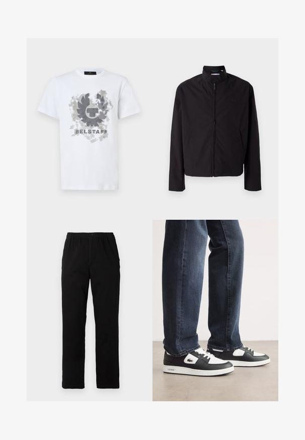 Černá lehká bunda, zapínání na zip, stojací límec, boční kapsy, hladká tkanina, minimalistický design s logem na prsou.; Bílý tričko s krátkým rukávem s pixelovaným černým a šedým vavřínovým věncem a grafickým textem "BELSTAFF" na přední straně.; Černé kalhoty vyrobené z bavlněné směsi, s rovný střih, elastickým pasem s knoflíkem a bez viditelných vzorů či akcentů.; Černo-bílé tenisky Lacoste s texturovaným koženým svrškem, se šněrovacím designem a bílou gumovou podešví. Nosené s tmavými džíny.