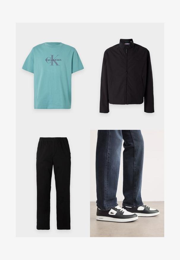 Černá lehká bunda, zapínání na zip, stojací límec, boční kapsy, hladká tkanina, minimalistický design s logem na prsou.; Tyrkysové bavlněné tričko s logem "Calvin Klein" a emblémem "cK" v tmavě šedé barvě uprostřed. Standardní kulatý výstřih a krátké rukávy.; Černé kalhoty vyrobené z bavlněné směsi, s rovný střih, elastickým pasem s knoflíkem a bez viditelných vzorů či akcentů.; Černo-bílé tenisky Lacoste s texturovaným koženým svrškem, se šněrovacím designem a bílou gumovou podešví. Nosené s tmavými džíny.