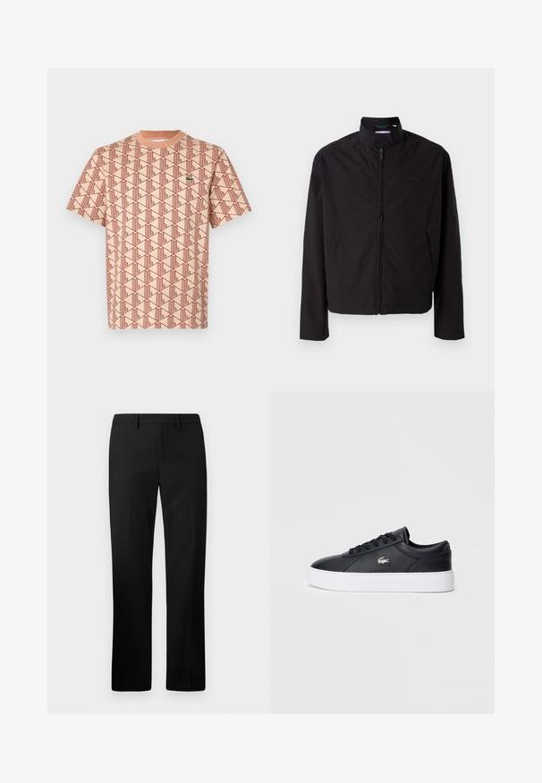 Svart lett jakke med glidelås, oppreist krage, lommer på siden, glatt stoff, minimalistisk design med logo-akkent på brystet.; Kortermet t-skjorte laget av myk stoff, med ferskenfarge som har et geometrisk rødt mønster og en liten grønn logo på brystet.; Sorte skreddersydde bukser med rette ben, laget av glatt stoff. Funksjoner inkluderer flat front og middels høy livlinje.; Sorte lærsk sneaker med rund tå, tonale snørebånd og polstret krage. Har en hvit plattformsåle og en liten logo-akcent.