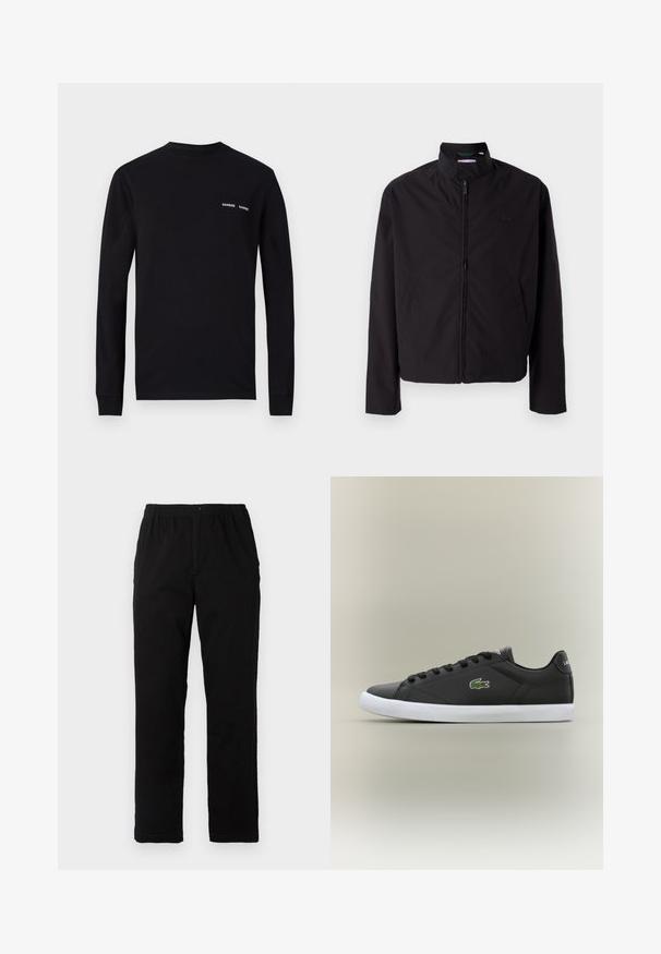 Svart lett jakke med glidelås, oppreist krage, lommer på siden, glatt stoff, minimalistisk design med logo-akkent på brystet.; Svart langermet t-skjorte laget av bomull, med rund hals og to hvite "SAMSØE" logo utskrifter på venstre bryst.; Sorte bukser laget av bomullsblandet stoff, med rett snitt, elastisk midjebånd med knapp, og uten synlige mønstre eller detaljer.; Svarte lær sneakers med hvit gummisåle, med grønt krokodillelogo og runde snører, elegant design med glatt tekstur.