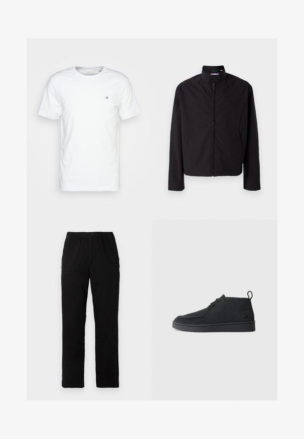 Black lightweight jacket, zip closure, stand-up collar, side pockets, smooth fabric, minimalistic design with logo accent on the chest.; White cotton t-shirt with a round neck and short sleeves, featuring a small logo on the chest and a smooth, clean texture.; Black pants made of cotton blend fabric, featuring a straight cut, elastic waistband with button, and no visible patterns or accents.; Black suede lace-up ankle boot with pull tab and textured sole, featuring small embossed crocodile logo on the side.