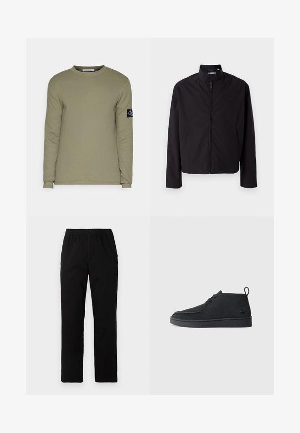 Musta kevyt takki, vetoketjukiinnitys, ylösnostettava kaulus, sivutaskut, sileä kangas, minimalistinen muotoilu logovivahteella rinnassa.; Olivengrön långärmad tröja med rund hals i texturerat tyg, med en svart patch med vitt logotyp på vänster ärm.; Mustat housut, jotka on valmistettu puuvilla-sekoitekankaasta, suoran mallin, joustavan vyötärönauhan ja napin kanssa, ilman näkyviä kuvioita tai yksityiskohtia.; Mustat mokka nauhalla suljettavat nilkkasaappaat, joissa on vetotappi ja teksturoitu pohja, sekä pieni kohokuvioitu krokotiililogo sivulla.