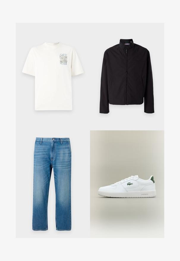 Casaco leve preto, com fecho elétrico, gola alta, bolsos laterais, tecido liso, design minimalista com logótipo em destaque no peito.; T-shirt de algodão branco com mangas curtas, apresentando um design floral em azul e cinza e o texto "GUESS DESIGN" num estilo ilustrado.; Calças de ganga azul claro com um corte reto, design de cinco bolsos, fecho de botão e desbotamento subtil na parte da frente. Sem padrões visíveis.; Sapatilha de couro branca com um acabamento suave, detalhes verdes no calcanhar e um logótipo verde na lateral. Apresenta sola plana e bico redondo.