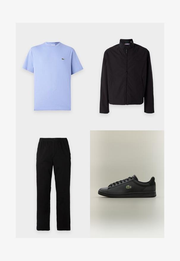 Schwarze leichte Jacke, mit Reißverschluss, Stehkragen, Seitentaschen, glattes Material, minimalistisches Design mit Logo-Akzent auf der Brust.; Hellblaues Baumwoll-T-Shirt mit rundem Halsausschnitt und kurzen Ärmeln. Verfügt über ein kleines gesticktes grünes Alligator-Logo auf der Brust.; Schwarze Hosen aus einem Baumwollmischgewebe, mit geradem Schnitt, elastischem Bund mit Knopf und ohne sichtbare Muster oder Akzente.; Schwarzer, niedrig geschnittener Ledersneaker mit schwarzen Schnürsenkeln, der ein grünes Krokodil-Logo an der Seite trägt, vor einem schlichten, neutralen Hintergrund.