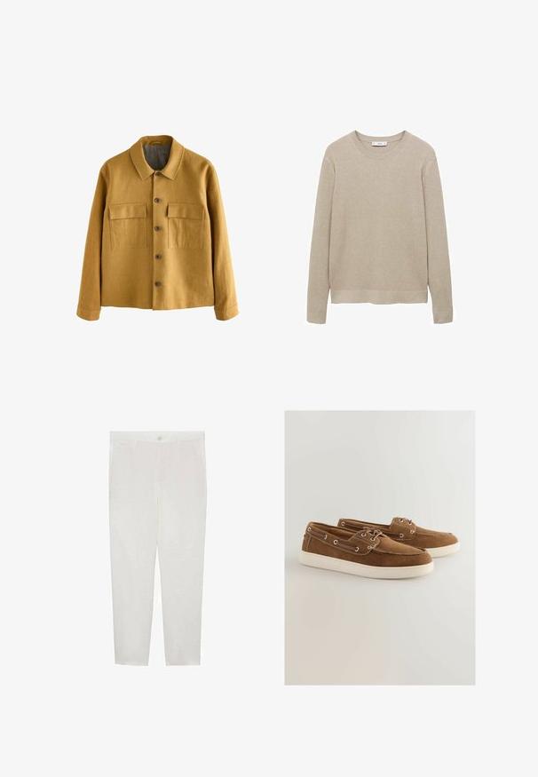 Senfgelbe Jacke aus strukturiertem Stoff, mit Kragen, vorderem Knopfverschluss und zwei Brusttaschen mit Klappen.; Beige gerippter Strickpullover mit langen Ärmeln, Rundhalsausschnitt und abgeschnittenem Saum. Der Stoff wirkt weich und hat ein strukturiertes Muster.; Mango Chino - white; Braune Wildlederschuhe mit einer weißen Gummisohle, Schnürdesign, metallischenösen und kontrastierenden Nähten entlang der Kanten.