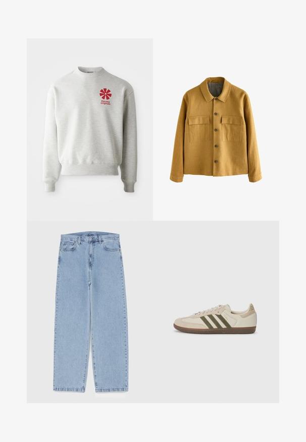 Garstyčių geltonumo švarkas, pagamintas iš tekstūruoto audinio, su apykakle, priekyje uždaromas mygtukais ir turintis dvi krūtinės kišenes su sklendėmis.; Šviesiai pilkas megztinis su gipiūro rankovėmis ir apačia. Viršutinėje kairėje krūtinės pusėje yra raudonas grafikas-logotipas. Pagamintas iš minkštos medžiagos.; Šviesiai mėlyni džinsai su tiesiomis kojomis, turintys vidutinio aukščio juosmenį, penkias kišenes ir mygtuko bei užtrauktuko uždarymą.; adidas Originals SAMBA OG UNISEX - Sportbačiai - alumina/medium dark khaki/gum