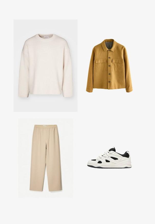 Sininen sinappi takki, joka on valmistettu teksturoidusta kankaasta, jossa on kauluksellinen kaula, edessä nappikiinnitys ja kaksi rintataskua läpillä.; Kermainen teksturoitu neulepaita, jossa on pyöreä kaula-aukko, pudotetut hartiat ja pitkät hihat. Yksinkertainen muotoilu ilman koristeluja.; Harmaat leveät housut, joissa on joustava vyötärö, valmistettu pehmeästä kankaasta, ja joissa on sileä pinta sekä vähäiset ompeluyksityiskohdat.; Valkoiset ja mustat urheilukengät, joissa on teksturoitu pohja, sivuilla leikkauksia ja nauhoja, sekä pehmustettu takapohja tuen tarjoamiseksi.