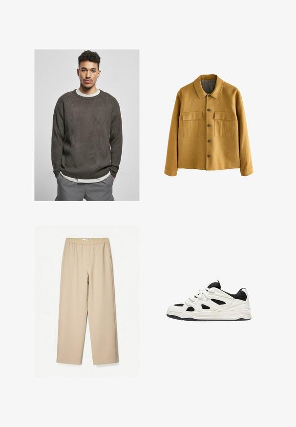 Senfgelbe Jacke aus strukturiertem Stoff, mit Kragen, vorderem Knopfverschluss und zwei Brusttaschen mit Klappen.; Dunkelbrauner, gerippter Pullover mit rundem Halsausschnitt und Raglanärmeln, über einem weißen Hemd getragen. Die Textur wirkt weich und gemütlich.; Beige Weite-Hose mit einem elastischen Bund, aus weichem Stoff gefertigt, mit glatter Textur und minimalen Nähten.; Weiß-schwarze Sportschuhe mit einer strukturierten Sohle, die auf der Seite ausgeschnittene Designs und Schnürsenkel aufweisen, sowie eine gepolsterte Ferse für Unterstützung.