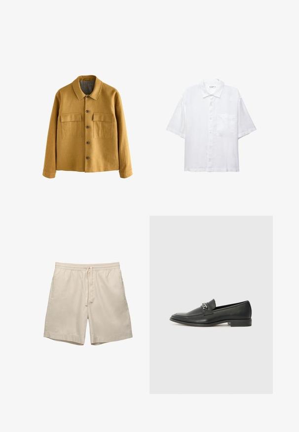 Giacca giallo senape realizzata in tessuto texturizzato, con collo a falda, chiusura frontale con bottoni e due tasche sul petto con patte.; Camicia bianca a maniche corte con chiusura a bottoni, colletto e una singola tasca sul petto. Realizzata in tessuto leggero con una texture liscia.; Pantaloni corti beige in cotone con cintura elastica e cordoncino, dotati di due tasche laterali e una vestibilità comoda, con texture liscia.; Mocassino in pelle nera con finitura liscia, caratterizzato da un design cucito e da un accento decorativo in catena metallica sul vamp. Tacco piatto.