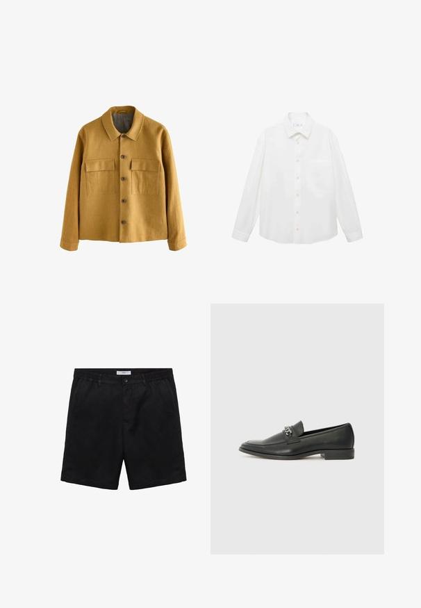 Jakna gorčične barve iz teksturiranega blaga, ki ima ovratnik, sprednje zapiranje na gumbe in dve žepni zgornji žepi s poklopcem.; Mango ANTARES - Srajca - white; Črne hlače kratkega kroja iz mehkega materiala, z gumbom za zapiranje, ravnim sprednjim delom in stranskimi žepi. Standardna prileganje z gladko teksturo.; Črni usnjeni loafer z gladko površino, ki ima šivano zasnovo in dekorativni kovinski verižni naglas preko vampirja. Ravno peto.