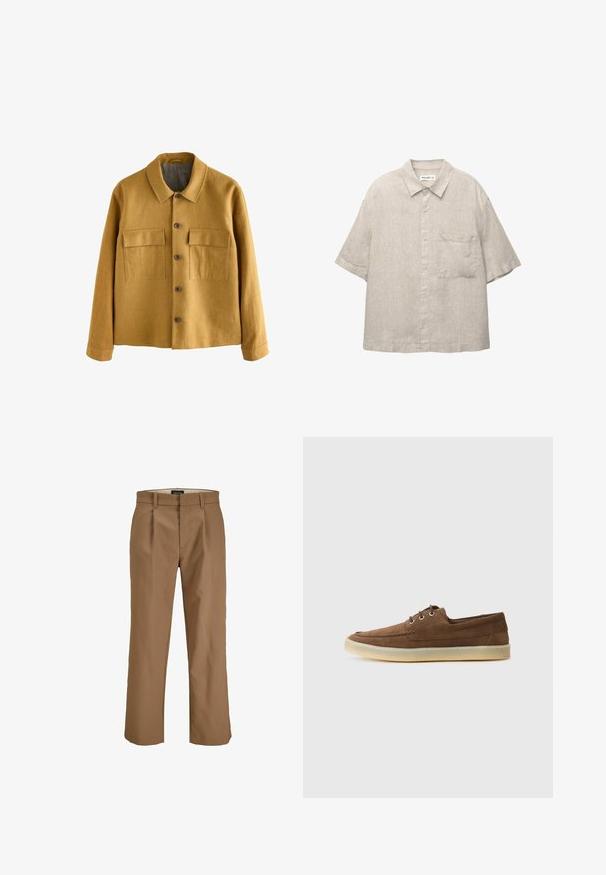 Jachetă galben muștar dintr-un material texturat, cu guler, închidere cu nasturi în față și două buzunare pe piept cu clapete.; Cămașă cu mânecă scurtă, de culoare gri deschis, dintr-un material texturat, având un buzunar pe piept și un guler casual.; Pantaloni maro dintr-un material neted, cu croială dreaptă, pliuri în față și bucle pentru curea. Fără modele sau accente vizibile.; Pantofi din suede maro cu un profil jos, design cu sireturi, talpă din cauciuc și detalii de cusătură contrastante. Stil simplu și funcțional.