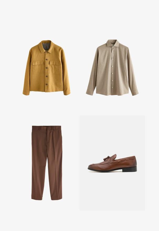 Senfgelbe Jacke aus strukturiertem Stoff, mit Kragen, vorderem Knopfverschluss und zwei Brusttaschen mit Klappen.; Langärmliges, hellbraunes Button-up-Hemd aus strukturiertem Stoff. Es hat einen klassischen Kragen und weiße Knöpfe entlang der vorderen Leiste.; Braune maßgeschneiderte Hosen mit glatter Textur, geradem Bein, Gürtelschlaufen und einem einzelnen vorderen Falten. Keine sichtbaren Taschen oder Akzente.; Braune Lederloafers mit einer abgerundeten Spitze, dekorativer Stickerei und einem Quastenakzent. Die Sohle ist schwarz und leicht erhöht.