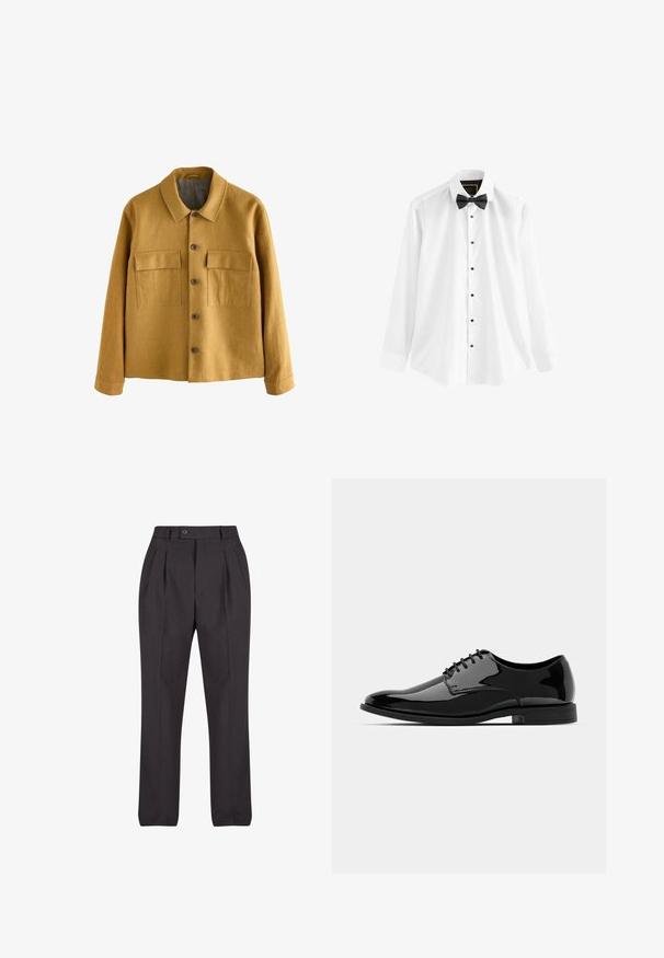 Jakna gorčične barve iz teksturiranega blaga, ki ima ovratnik, sprednje zapiranje na gumbe in dve žepni zgornji žepi s poklopcem.; Bela srajca iz bombaža z dolgimi rokavi, črna metuljčkasta in črnimi gumbi spredaj.; Črne krojene hlače iz gladkega materiala, ki imajo sprednje gube, zapiranje z enim gumbom in ravne noge brez vidnih vzorcev.; Črne lakirane usnjene čevlje z zaobljenim nosom, vezanjem in gladko, sijočo površino. Imajo nizko profilirano gumijasto podplat.