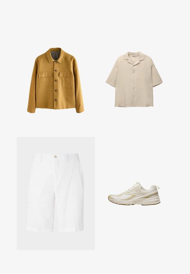 Giacca giallo senape realizzata in tessuto texturizzato, con collo a falda, chiusura frontale con bottoni e due tasche sul petto con patte.; Camicia beige a maniche corte in un tessuto leggero, con colletto a punta e cinque bottoni sul davanti, con una vestibilità comoda.; Pantaloni corti bianchi in lino con chiusura a bottone, dal fit rilassato, taglio dritto e senza motivi o accenti visibili. Tessuto liscio.; Scarpe sportive bianche realizzate in mesh e materiale sintetico, con punta rotonda, suola ammortizzata e accenti beige sui lati.