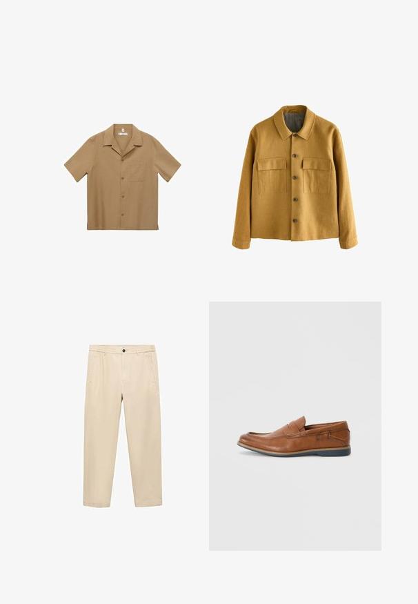 Mosterdgele jas van textiel met structuur, voorzien van een kraag, een knoopsluiting aan de voorkant en twee borstzakken met kleppen.; Korte mouwen overhemd met knopen in lichtbruine stof met een zak, rechte zoom en klassieke kraag. Soepele textuur en een ontspannen pasvorm.; Beige, casual broeken gemaakt van een zachte stof; heeft een elastische tailleband, zijzakken en een rechte pijp.; Bruine leren instappers met een ronde neus, gestikte details en een lage rubberen zool. Het ontwerp heeft een band over de bovenkant.