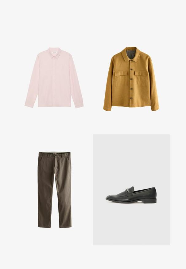 Sinepju dzeltena jaka, kas izgatavota no teksturēta auduma, ar apkakli, priekšā ar pogu aizdari un divām krūšu kabatām ar atloka.; Gai rozā garām piedurknēm pogājama krekla ar izcilu apkakli, izgatavots no gludas auduma, ar priekšējo pogu aizdari un minimālistisku dizainu.; Brūni kokvilnas chinos ar taisnu kāju dizainu, priekšējiem kabatām un pogu aizdari. Raksturīga gluda tekstūra un tīras līnijas.; Melna ādas loafer izmēra apavi ar gludu virsmu, piedāvā ar šūtu dizainu un dekoratīvu metāla ķēdes akcentu pār vampu. Plakana papēža daļa.