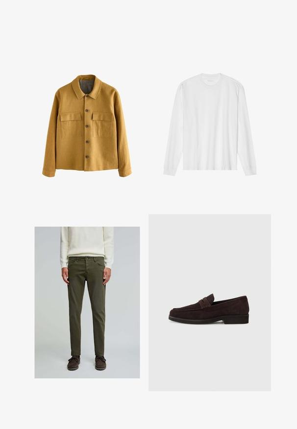 Musztardowa żółta kurtka z teksturowanej tkaniny, z kołnierzykiem, z przodem na guziki oraz dwiema kieszeniami na piersi z klapami.; Biała bawełniana koszulka z długim rękawem z okrągłym dekoltem i ściągaczami. Prosty, nieozdobny design, charakteryzujący się gładką fakturą i standardowym krojem.; Scalpers - Jeansy Straight Leg; Brązowe zamszowe mokasyny o niskim profilu i zaokrąglonym nosie. Posiadają ozdobny pasek na górze, płaską gumową podeszwę i brak widocznych szwów.