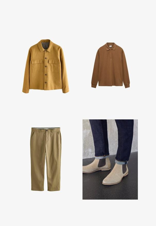 Sininen sinappi takki, joka on valmistettu teksturoidusta kankaasta, jossa on kauluksellinen kaula, edessä nappikiinnitys ja kaksi rintataskua läpillä.; Tummanruskea pitkähihaisen polo-paita, joka on valmistettu puuvillasta. Siinä on kaulus, nappilista ja ribbaus hihoissa; sileä pinta ja rento istuvuus.; Khaki chinot, joka on valmistettu puuvillasekoitteesta. Niissä on kaksi sivutaskua, nappikiinnitys, suorat lahkeet ja sileä pinta.; Zign LEATHER - Klassiset nilkkurit - sand
