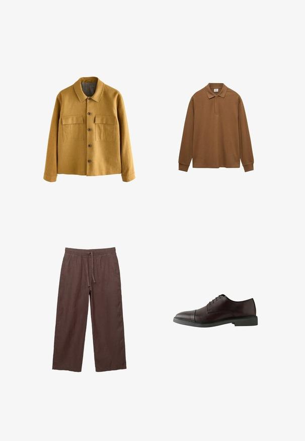 Senfgelbe Jacke aus strukturiertem Stoff, mit Kragen, vorderem Knopfverschluss und zwei Brusttaschen mit Klappen.; Braunes Langarm-Polohemd aus Baumwolle, mit Kragen, Knopfleiste und Rippbündchen; glatte Textur und entspannte Passform.; Braune Leinen-Hose mit weitem Bein und einem Kordelzugbund, ausgestattet mit zwei seitlichen Taschen und einem leichten, strukturierten Stoff.; Dunkelburgunderfarbener Leder-Schnürschuh mit abgerundetem Zehenbereich, flacher schwarzer Sohle, minimalen Nähdetails und glatter Textur.