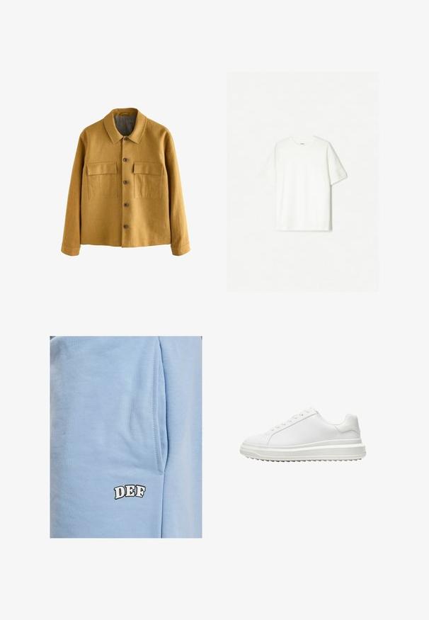Hořčicově žlutá bunda vyrobená z texturované látky, s límečkem, předním zapínáním na knoflíky a dvěma náprsními kapsami s klopami.; Bílý krátký rukáv tričko vyrobené z měkké bavlny. Design s kulatým výstřihem a uvolněným střihem, bez viditelných log nebo vzorů.; DEF Šortky - blue; Bílé tenisky s hladkým syntetickým svrškem, kulatou špičkou, plochými tkaničkami, texturovanou podrážkou a vrstveným designem platformy pro zvýšení výšky.