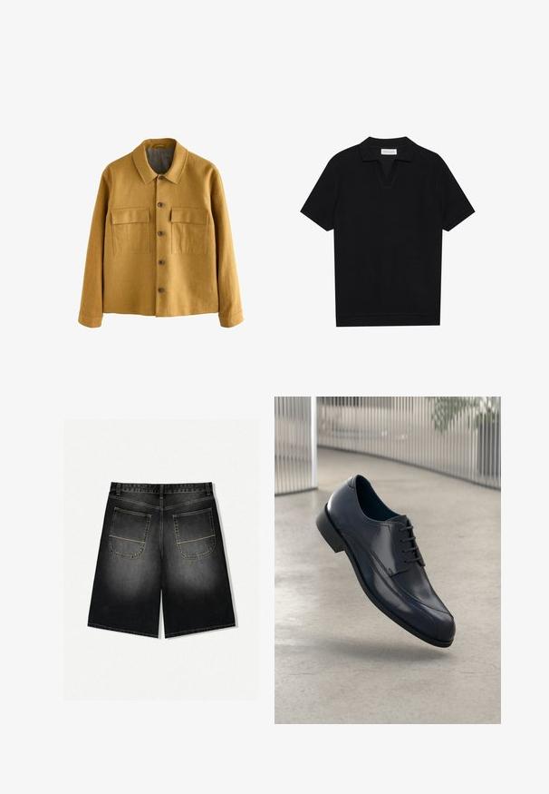 Jakna gorušičasto žute boje od teksturiranog materijala, s okovratnikom, prednjim kopčanjem na dugmad i dva džepa na prsima s preklopima.; Crna polu-majica kratkih rukava s teksturiranim, rebrastim materijalom, s V-izrezom i ravnim rubom. Bez vidljivih logotipa ili uzoraka.; Traperice kratke hlače u crnoj gradijentu, s opuštenim krojem, dva stražnja džepa s žutim šavovima i ravnim rezom koji završava u sredini butina.; Sjajna crna kožna cipelica s vezicama, koja lebdi iznad glatkog, svijetlosive podloge i vertikalnih metalnih šipki u pozadini.