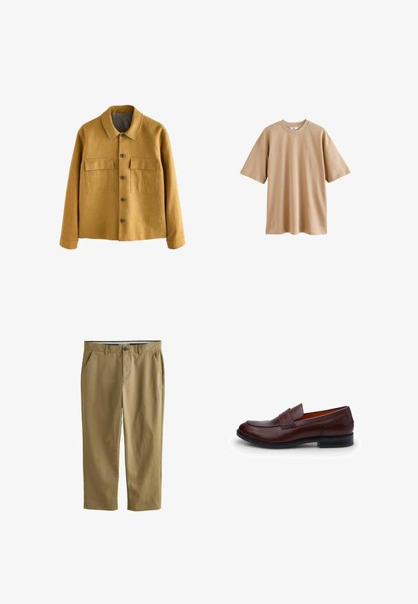 Jachetă galben muștar dintr-un material texturat, cu guler, închidere cu nasturi în față și două buzunare pe piept cu clapete.; Tricou bej cu mânecă scurtă, fabricat din bumbac, cu guler rotund și croială lejeră, având o textură netedă și fără modele sau accente.; Chino khaki din amestec de bumbac, dotat cu două buzunare laterale, închidere cu un nasture, picioare drepte și o textură netedă.; Mocasini din piele maro, cu o suprafață netedă, vârf rotunjit, cusături contrastante și toc mic. Dispune de o curea decorativă pe partea superioară.