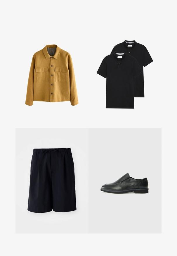 Giacca giallo senape realizzata in tessuto texturizzato, con collo a falda, chiusura frontale con bottoni e due tasche sul petto con patte.; Due magliette polo nere, con maniche corte, in cotone, con colletto classico, pattina a due bottoni e dettagli a righe bianche all'interno del colletto.; Pantaloni corti blu navy realizzati in tessuto leggero, con vita elastica e cordoncino, due tasche laterali e taglio dritto.; Scarpa nera in pelle con inserto scivolare, superiore liscio, dettagli cuciti, punta arrotondata e tacco in gomma basso. La suola presenta un battistrada minimale.