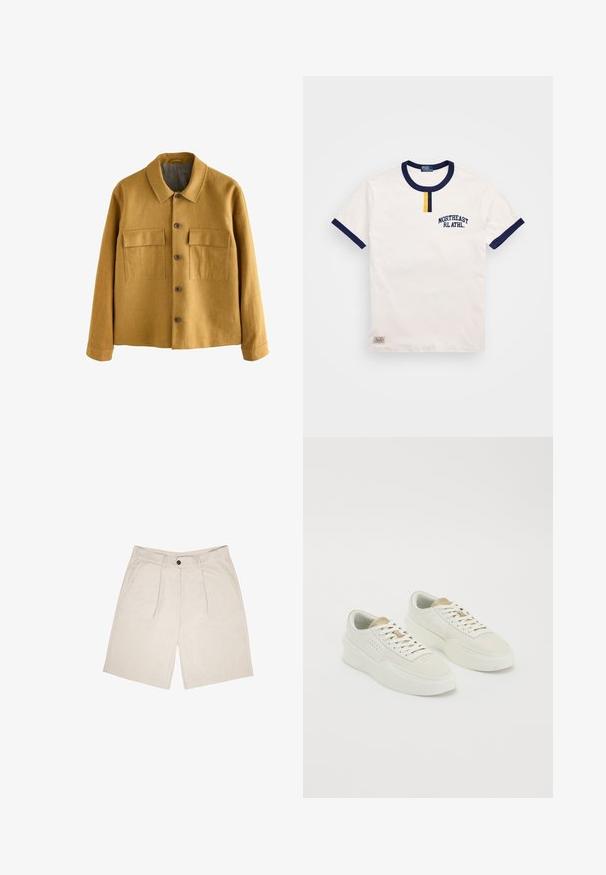 Mustard yellow jacket made of textured fabric, featuring a collared neck, front button closure, and two chest pockets with flaps.; White cotton t-shirt with navy blue round neckline and sleeve accents. Features a small yellow button detail and embroidered "NORTHEAST RL ATHL."; Beige shorts made of soft fabric, featuring a flat front with two pleats, belt loops, and side pockets. Single button closure at waist.; Pair of off-white low-top sneakers with beige accents, thick soles, and white laces on a plain white background.