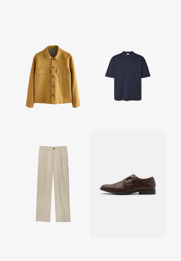Veste jaune moutarde en tissu texturé, avec un col, une fermeture à boutons sur le devant et deux poches poitrine à rabat.; T-shirt à manches courtes bleu marine avec un col rond, coupe décontractée et texture en coton lisse ; sans motifs ni accents visibles.; Pantalon beige à coupe droite, doté d'un seul bouton noir, de passants de ceinture et de poches latérales. Texture de tissu lisse et design minimaliste.; Chaussure habillée en cuir marron avec un bout pointu, présentant deux boucles réglables et un design épuré et profil bas. Semelle plate en caoutchouc noir.
