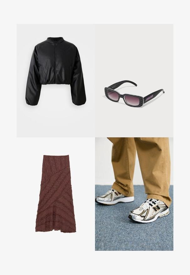 Sort cropped bomberjakke med en glat skalobt lædertekstur, lynlåslukning og elastiske manchetter for en tætsiddende silhuet.; Beige sports cropped t-shirt med korte ærmer, ribbet nederste del og subtilt logo på brystet. Glat tekstur, tætsiddende design.; Brun tekstureret nederdel med et lagdelt, bølget design og diagonale mønstre, der har volangdetaljer langs kanterne og en udvidet silhuet.; Hvide og sølv New Balance sneakers med sorte accenter og snørebånd, der har en mesh-overdel, polstret sål og dynamisk design.; Solsikker med et sort ternet design, firkantede stel, gradient tonede linser og lilla brandingdetalje på det ene arme.; Sølvmetallic håndtaske med et slankt, struktureret design, der har en tekstureret overflade, en skulderrem og en prægede logo accent.