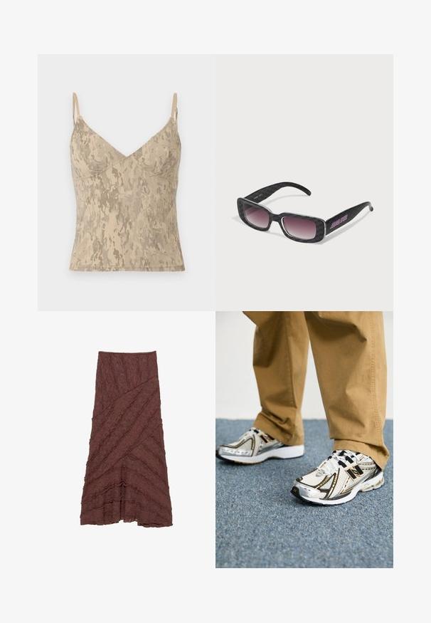 Mustat lyhyet bomber-takit, joissa on sileä, keinonahkainen pinta, vetoketjukiinnitys ja joustavat hihansuut, jotka korostavat vartalon muotoa.; Beige ilmanhihaista toppia ohuilla säädettävillä olkaimilla ja abstraktilla laikukkaalla kuviolla.; Ruskean tekstuurin hame, jossa on kerroksellinen, aaltoileva muotoilu ja vinot kuviot, rypytettyjä koristeita reunoilla ja liehuva siluetti.; Valkoiset ja hopeiset New Balance -lenkkarit, joissa on mustat yksityiskohdat ja nauhat, verkkomateriaali yläosassa, pehmeä pohja ja dynaaminen muotoilu.; Aurinkolasit, joissa on musta ruutukuvio, neliömäiset kehykset, liukuvärjätyt linssit ja violetit brändityön yksityiskohdat yhdellä varrella.; Hopeinen metallinen käsilaukku, jossa on tyylikäs, muotoiltu muotoilu. Laukussa on tekstuuripinta, olkahihna ja kohokuvioitu logo koristeena.