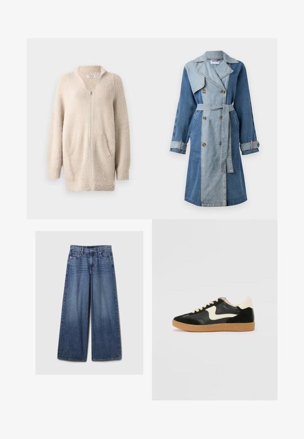 Džinsinis trenčkotis su dvigubos krūtinės priekiu, mišriomis mėlynos atspalviais, plačiomis apykaklėmis, diržu liemens srityje ir mygtukais užsegamais rankovėmis.; Bežinis užtrauktuku užsegamas megztinis, pagamintas iš minkštos, pūkuotos medžiagos. Turi V formos iškirpę, dvi priekinės kišenes ir ilgomis rankovėmis. Paprastas, tekstūrinis dizainas.; Balta ilgomis rankovėmis maikutė, pasižyminti rausva tekstūra ir V formos kaklu. Ant kaklo viduje matoma etiketė su prekės ženklu "JJXX."; Platus mėlynos džinsinės kelnės su išblukusiu paviršiumi, su mygtukų ir užtrauktuko uždarymu, penkiomis kišenėmis ir diržo kilpomis.; Juodos zomšo ir odos sportinės bateliai su kreminiu šoniniu swoosh ir šviesiai kreminiu kulnu. Ypatybės - smėlio spalvos raišteliai ir guminis padas.