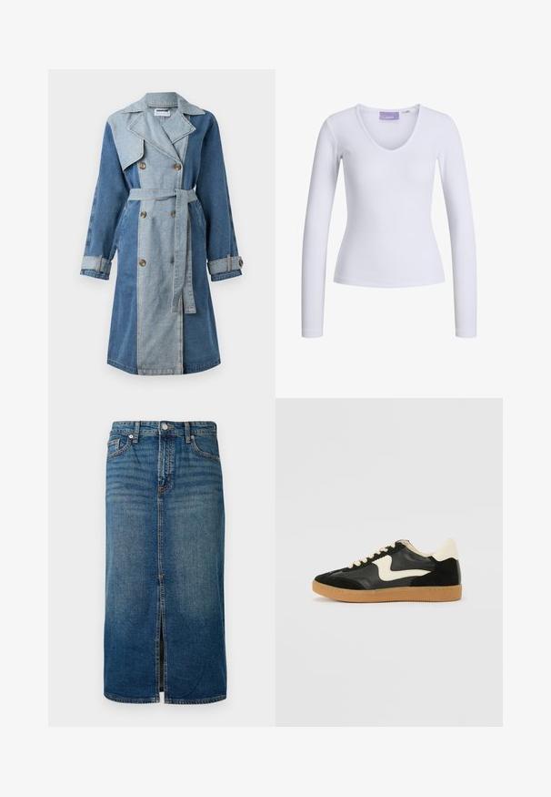 Džínsový trenčkot s dvojradovým zapínaním, zmiešanými odtieňmi modrej, širokými klopami, opaskom v páse a gombíkovými manžetami.; Biely dlhý rukáv top s pružným textúrou a dizajnom s výstrihom do V. Nápis značky "JJXX" je viditeľný vo vnútri výstrihu.; Džínová midi sukňa tmavomodrej farby s predným rozparkom, piatimi vreckami a kontrastným stehom. Má zapínanie na gombík a zips v páse.; Čierne semišové a kožené tenisky s krémovým bočným prešívaním a svetlo krémovou pätou. Obsahujú béžové šnúrky a podošvu z gumeného kaučuku.