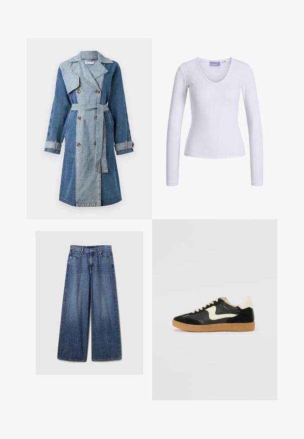 Gabardina de mezclilla con frente de doble botonadura, tonos de azul variados, amplios solapas, cintura ceñida con cinturón y puños abotonados.; Camiseta blanca de manga larga con textura acanalada y diseño de escote en V. Etiqueta visible en el interior del cuello con el nombre de la marca "JJXX."; Jeans de mezclilla azul de pierna ancha con un acabado desgastado, que cuentan con un cierre de botón y cremallera, cinco bolsillos y cinturas.; Zapatillas de deporte de ante y cuero negro con un swoosh lateral en crema y un talón en crema claro. Presenta cordones beige y una suela de goma marrón.