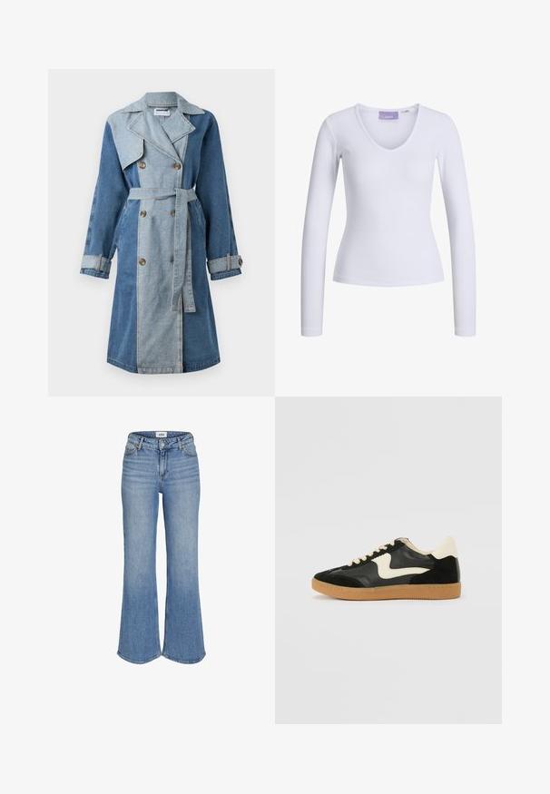 Denim trenssjakke med dobbeltrykket front, blandede nyanser av blått, brede krager, belte i midjen og knappedeksel.; Valkoinen pitkähihaisen yläosan, jossa on ribbitekstuuri ja V-pääntie design. Brändin nimi "JJXX" näkyy kauluksessa.; Vaaleansiniset farkut, joissa on leveä lahje ja korkea vyötärö. Ne sisältävät etutaskut, vetoketjun ja hienovaraista kulumista. Saumat näkyvät reunojen varrella.; Mustat mokka- ja nahkakengät, joissa on kermaisen valkoinen sivupainatus ja vaalea kermaisine kantapää. Varustettu beigeillä nauhoilla ja kumista valmistetulla ulkopohjalla.