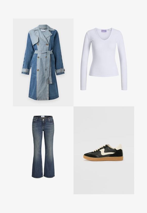 Denim plašč s podvojenim zapenjanjem, mešanimi odtenki modre, širokimi ovratniki, pasom z zaponko in gumbi na manšetah.; Bela majica s dolgimi rokavi z rebrasto teksturo in V-izrezom. Oznaka vidna znotraj vratu z imenom blagovne znamke "JJXX."; Modre denim hlače z rahlim bledičem na stegnih in kolenih, sprednji gumb in zadrga, s stilom nogavic bootcut.; Črne semiš in usnjene superge s kremasto stransko puščico in svetlo kremasto peto. Imajo bež čipke in gumijast podplat.