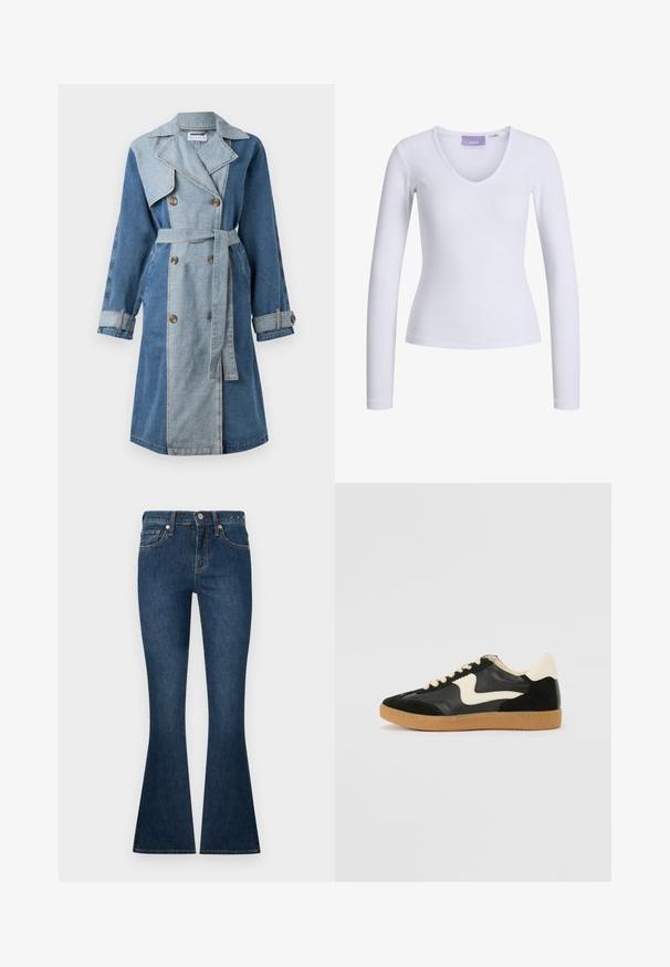 Caban denim cu un front dublu, nuanțe mixte de albastru, rever late, talie accentuată cu cureaua și mansete cu nasturi.; Bluză albă cu mâneci lungi, cu textură canelată și decolteu în V. Etichetă vizibilă în interiorul gâtului cu numele brandului "JJXX."; Jeans cu tiv evazat de culoare bleumarin închis, cu un design clasic cu cinci buzunare, închidere standard cu nasture și accente de cusătură minime pe buzunare.; Tenisi din suede și piele negri cu un swoosh lateral de culoare crem și călcâi de un crem deschis. Prezintă șireturi bej și o talpă din rubber de tip gum.