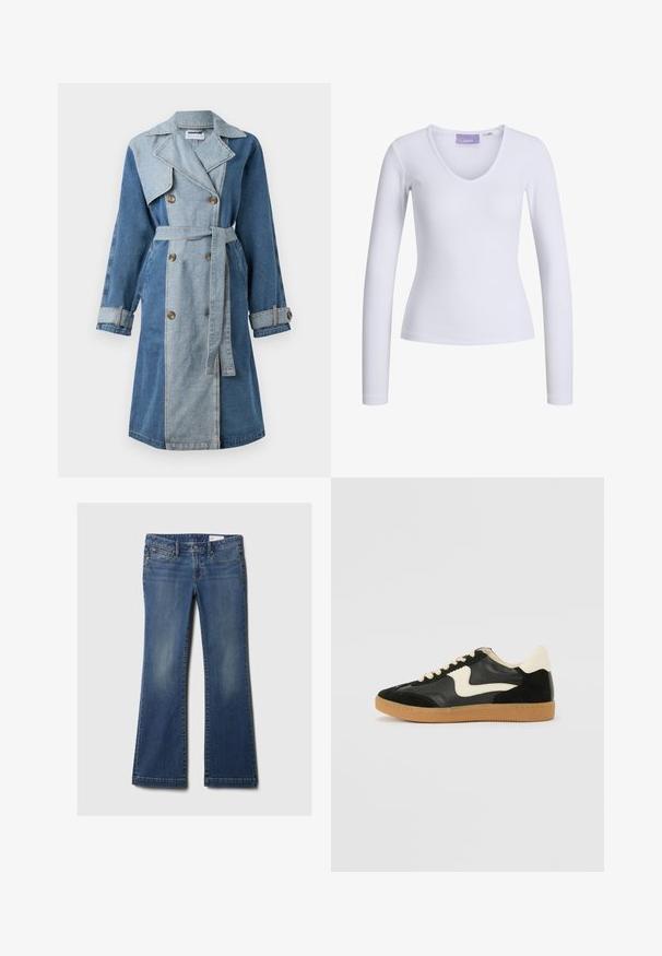 Denim trenčkot s dvouřadým zapínáním, smíšenými odstíny modré, širokými klopami, páskem v oblasti pasu a knoflíkovými manžetami.; Bílý dlouhý rukáv top s ribovanou texturou a designem ve tvaru V. Značka "JJXX" viditelná na štítku uvnitř límce.; Modré riflové zvonové džíny s pěti kapsami, měděnými nitěmi, jemným vyblednutím a klasickým designem pásku. Rovný lem na spodní části.; Černé semišové a kožené tenisky s krémovým postranním swooshem a světlým krémovým podpatkem. Mají béžové tkaničky a podešev z gumové pryže.
