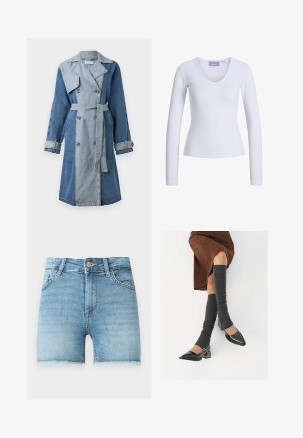 Gabardina de mezclilla con frente de doble botonadura, tonos de azul variados, amplios solapas, cintura ceñida con cinturón y puños abotonados.; Camiseta blanca de manga larga con textura acanalada y diseño de escote en V. Etiqueta visible en el interior del cuello con el nombre de la marca "JJXX."; Pantalones cortos de mezclilla en azul claro con dobladillo deshilachado, cinco bolsillos y cierre de botón en la parte delantera. Presenta un ligero desgaste y un corte clásico.; Zapatos de charol negros con punta afilada, tacón bloque y tira de tobillo, combinados con calentadores de piernas de canalé grises y una falda de ante marrón.