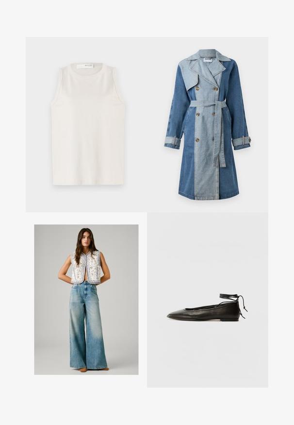 Denim trenchcoat met een dubbelzijdige voorkant, gemengde tinten blauw, brede revers, een ceintuur in de taille en knoopmanchetten.; Witte mouwloze top van zachte, gladde stof. Heeft een ronde halslijn en een eenvoudig ontwerp zonder versieringen of patronen.; Vrouw in een mouwloze witte bloemenpatroon tanktop, gecombineerd met hoge taille wijde lichtblauwe jeans en bruine schoenen, staande met de handen achter de rug.; Zwarte leren balletschoenen met een spitse neus, enkelbandje en platte zool, voorzien van een gladde textuur en minimalistisch ontwerp.