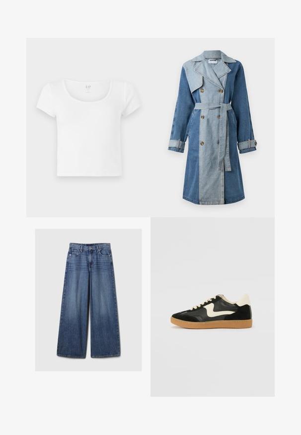 Denim trench coat featuring a double-breasted front, mixed shades of blue, wide lapels, belted waist, and buttoned cuffs.; White short-sleeve cropped t-shirt made of soft cotton, featuring a rounded neckline and simple design without patterns or accents.; Wide-leg blue denim jeans with a faded finish, featuring a button and zipper closure, five pockets, and belt loops.; Black suede and leather sneaker with a cream side swoosh and light cream heel. Features beige laces and a gum rubber outsole.