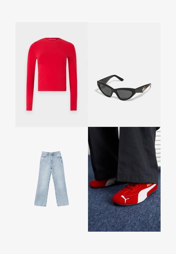 Trench coat in denim con un frontale doppiopetto, tonalità di blu miste, ampi revers, vita con cintura e polsini abbottonati.; Top corto aderente a maniche lunghe rosso con scollo a girocollo e texture liscia, esposto su uno sfondo chiaro uniforme.; Jeans in denim azzurro chiaro con taglio a gamba larga, dettagli strappati, design a cinque tasche e chiusura con zip.; Sneakers in camoscio rosso con accenti bianchi, caratterizzati da materiale testurizzato, punta rotonda e un logo dorato di lato, indossati con pantaloni neri.; Occhiali da sole a forma di gatto con montatura in plastica nera opaca, lenti scure e un'accensione con logo dorato sulla stanghetta. Design angolare e superficie liscia.; Borsa a spalla in vernice nera con forma curvata, una tracolla, tasche frontali e dettagli in metallo argentato.