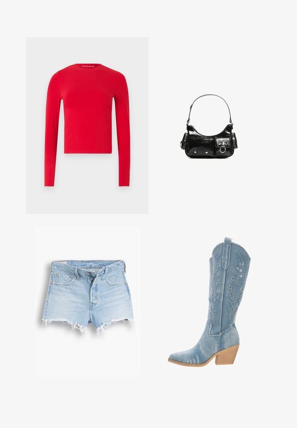 Denim trench coat featuring a double-breasted front, mixed shades of blue, wide lapels, belted waist, and buttoned cuffs.; Red long-sleeve fitted crew neck crop top with smooth texture, displayed against a plain light background.; Light blue denim shorts with a high waist, frayed hem, five-pocket design, and contrasting stitching. Two buttons at the front closure.; Denim cowboy boot, light blue, pointed toe, cut-out details with triangular shapes, low stacked heel, textured finish.; Black patent leather handbag with a curved shape, one shoulder strap, front pockets, and silver-tone hardware accents.