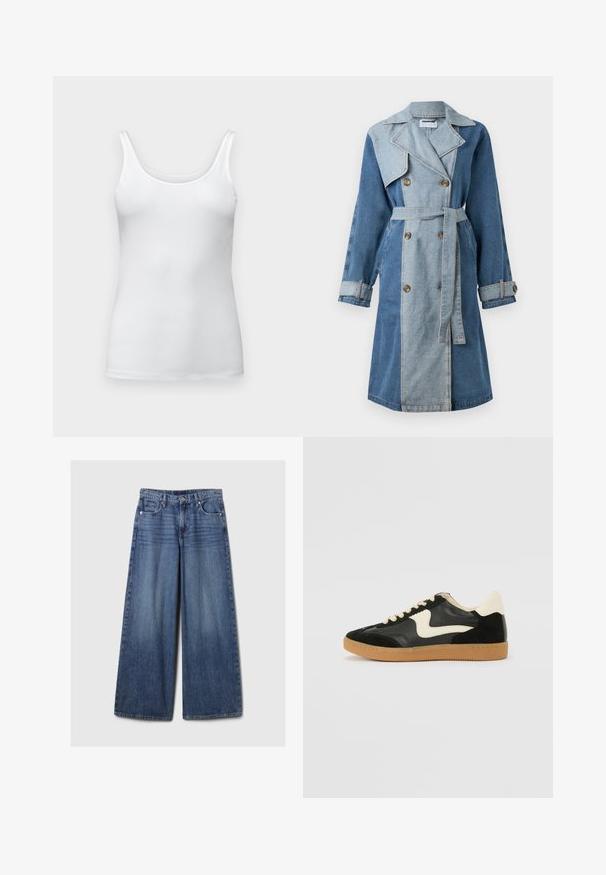 Farmerkabát dupla mellrészével, vegyes kék árnyalatokkal, széles gallérral, övvel húzott derékkal és gombos mandzsettákkal.; Fehér pamut trikó vékony pántokkal, testhez simuló fazon, sima textúrával, látható minták vagy díszítések nélkül.; Széles lábú kék farmernadrág elhalványodott felülettel, gombos és cipzáras záródással, öt zsebbel és övhurkokkal.; Fekete velúr és bőr sneaker, krém színű oldalsó swoosh-sal és világos krém színű sarokkal. Beigézett fűzőkkel és gumi talppal rendelkezik.
