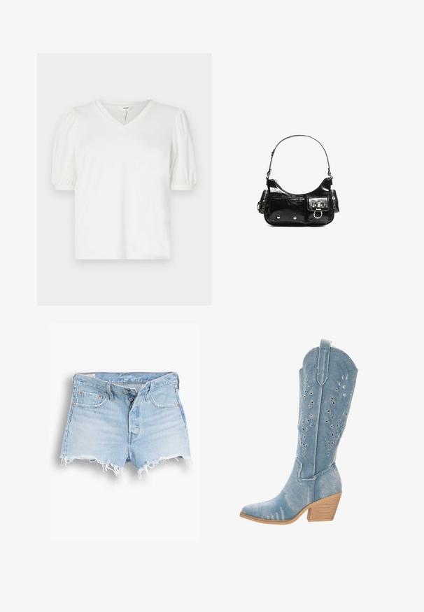 Denim-Trenchcoat mit doppelreihiger Front, gemischten Blautönen, breiten Reverskragen, tailliertem Gürtel und geknöpften Manschetten.; Weißes V-Ausschnitt-T-Shirt aus glattem Stoff, mit Puffärmeln und einer leicht lockeren Passform. Einfaches Design ohne Muster oder Akzente.; Hellblaue Jeansshorts mit hoher Taille, ausgefranstem Saum, Fünf-Taschen-Design und kontrastierender Naht. Zwei Knöpfe am vorderen Verschluss.; Denim-Cowboy-Stiefel, hellblau, spitz zulaufende Zehenpartie, Ausschnittdetails mit dreieckigen Formen, niedriger, gestapelter Absatz, strukturierte Oberfläche.; Schwarze Lackleder-Handtasche mit geschwungenem Design, einem Schulterriemen, Vordertaschen und silberfarbenen Hardware-Akzenten.