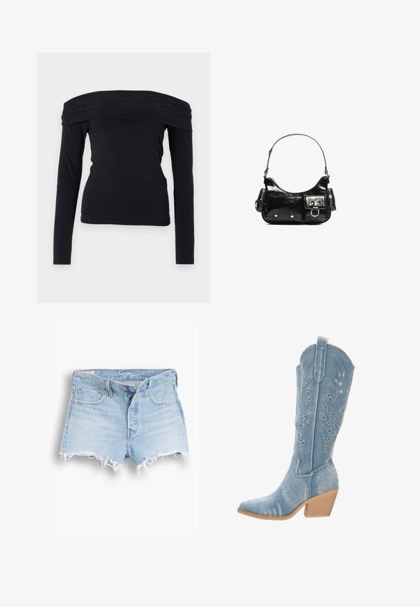 Płaszcz denimowy z podwójnym zapięciem, w różnych odcieniach niebieskiego, szerokimi klapami, paskiem w talii i guzikowymi mankietami.; Czarna bluzka typu off-the-shoulder z długim rękawem, wykonana z miękkiej, gładkiej tkaniny; dopasowany krój z szerokim dekoltem i prostym wzornictwem.; Jasnoniebieskie szorty dżinsowe z wysokim stanem, postrzępionym dołem, pięcioma kieszeniami i kontrastowym przeszyciem. Dwa guziki przy zapięciu z przodu.; Dżinsowy kowbojski but, jasnoniebieski, spiczasty nos, wycięcia w kształcie trójkątów, niski, piętka w stylu stacked, teksturowane wykończenie.; Czarna torebka z lakierowanej skóry o zaokrąglonym kształcie, z jednym paskiem na ramię, przednimi kieszeniami i akcentami w kolorze srebrnym.