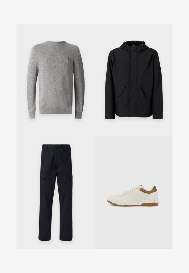 Musta huppujakku, jossa on etupuolella läpälliset taskut, vetoketju ja napitus, esitelty vaalealla taustalla.; Harmaa neulepaita, jossa on pyöreä kaula-aukko ja pitkät hihat. Vasemmassa rintakehässä on pieni keltainen logo. Pehmeä pinta.; Mustat cargo-housut, jotka on valmistettu kestävästä kankaasta, suora lahkeensuukko, kaksi sivutaskua ja napin suljenta vyötäröllä.; Tommy Hilfiger BASKET CORE - Matalavartiset tennarit - ecru/army green