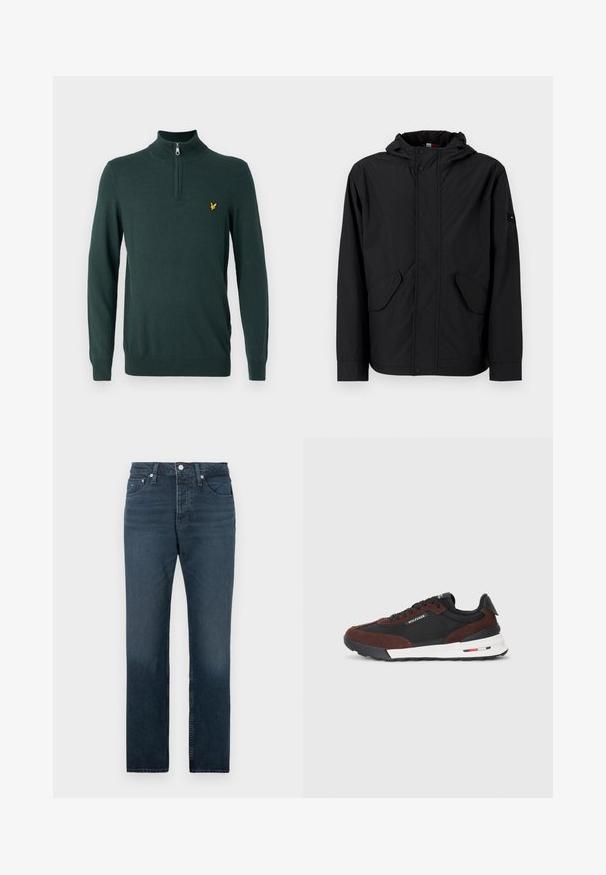 Casaco preto com capuz, apresentado com bolsos frontais de aba, fecho de zíper e botão de pressão, em fundo claro e simples.; Sweater tricotado verde escuro com gola alta e fecho de quarto. Apresenta um pequeno logótipo amarelo no lado esquerdo do peito. Mangas longas e punhos canelados.; Jeans de ganga azul-escura com um design de perna reta, apresentando cinco bolsos, fecho de botão e desbotamento mínimo perto da bainha.; Tommy Hilfiger RETRO RUNNER MIX - Sapatilhas - black/cocoa
